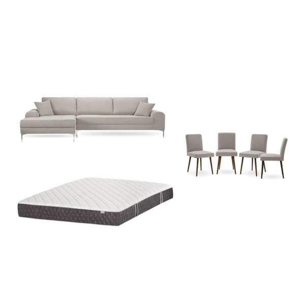 Set krémovej pohovky s leňoškou vľavo, 4 sivobéžových stoličiek a matraca 160 × 200 cm Home Essentials