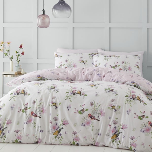 Biele/ružové obliečky na jednolôžko 135x200 cm Songbird – Catherine Lansfield