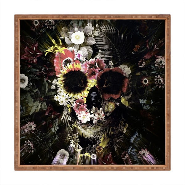 Drevený dekoratívny servírovací podnos Flowery Skull, 40 × 40 cm