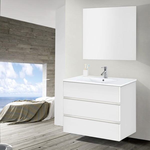 Kúpeľňová skrinka s umývadlom a zrkadlom Nayade, odtieň bielej, 90 cm