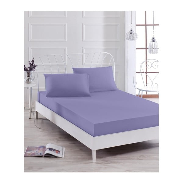 Set fialovej elastickej plachty a obliečky na vankúš na jednolôžko Basso Purple, 100 × 200 cm