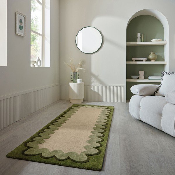 Zelený/v prírodnej farbe ručne tkaný vlnený behúň 80x230 cm Wiggle Wool – Flair Rugs-image-1