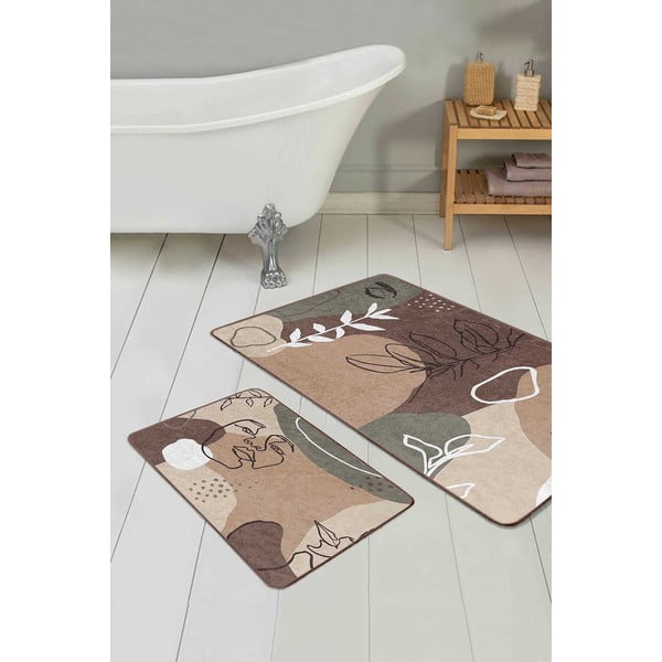 Hnedé zamatové kúpeľňové predložky v súprave 2 ks 60x100 cm Abstract Faces – Mila Home-image-1
