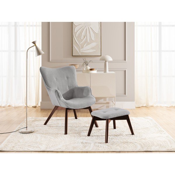 Sivé menčestrové kreslo s podnožkou Niko – Ropez-image-1