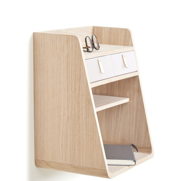 Nástenná polica z dubového dreva s 2 bielymi zásuvkami HARTÔ Suzon-image-1