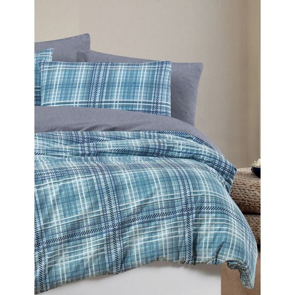 Modré 4-dielne predĺžené obliečky na dvojlôžko s plachtou 200x220 cm Ekose – Mila Home-image-3