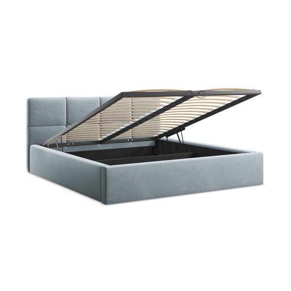 Svetlomodrá zamatová čalúnená dvojlôžková posteľ s úložným priestorom s roštom 140x200 cm Hiko – Makamii-image-2