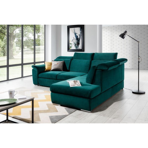 Zelená zamatová rozkladacia/s úložným priestorom rohová pohovka (pravý roh/do L) Loreto – ELTAP-image-4