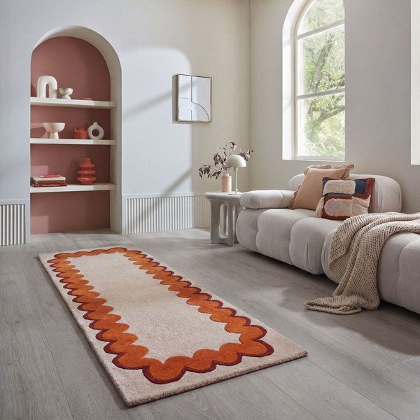 Oranžový/v prírodnej farbe ručne tkaný vlnený behúň 80x230 cm Wiggle Wool – Flair Rugs-image-1