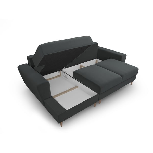 Tmavosivá zamatová rozkladacia/s úložným priestorom rohová pohovka (ľavý roh/s leňoškou) Kyoto – Cosmopolitan Design-image-3