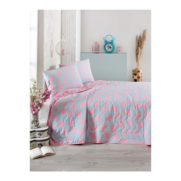 Modro-ružová prikrývka cez posteľ na dvojlôžko s obliečky na vankúše Pari, 200 × 220 cm