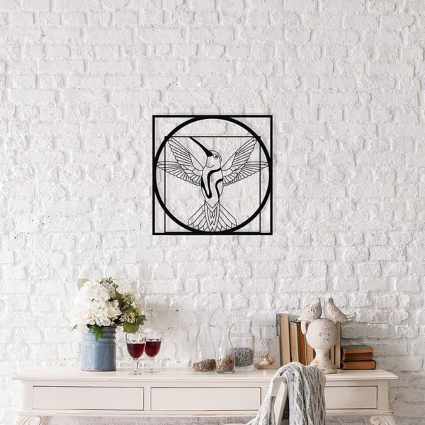 Čierna kovová nástenná dekorácia Vitruvian Bird, 50 × 50 cm