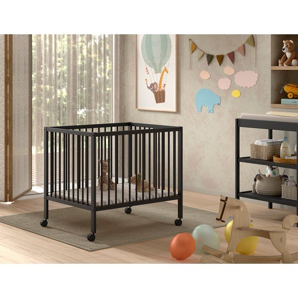 Antracitová detská ohrádka z bukového dreva s nastaviteľnou výškou/na kolieskach 95x75 cm Dino – Vipack-image-1