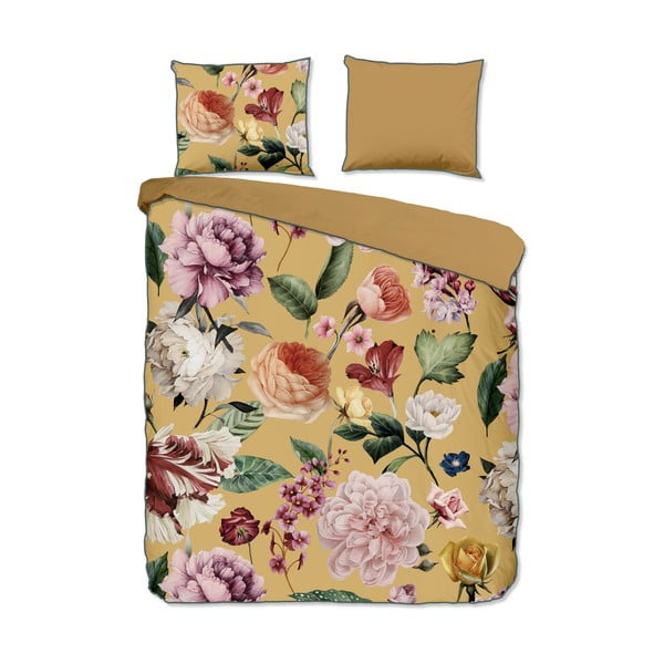 Okrovožlté obliečky na dvojlôžko/predĺžené z bavlneného saténu 240x220 cm Fiori – Descanso