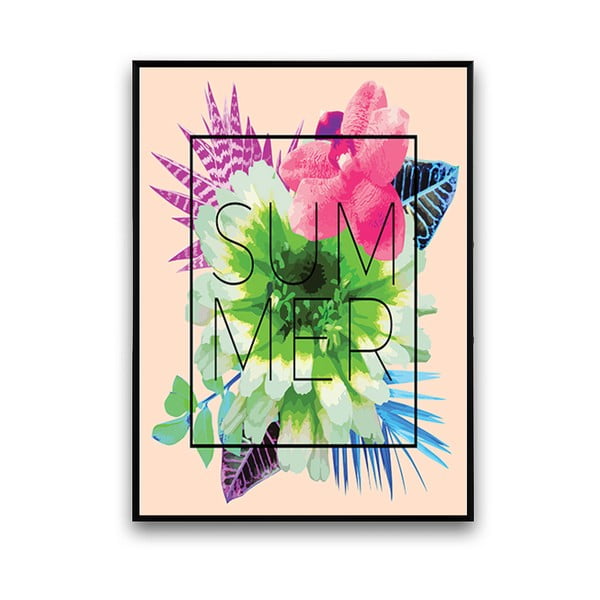 Plagát s kvetmi Summer, ružové pozadie, 30 x 40 cm