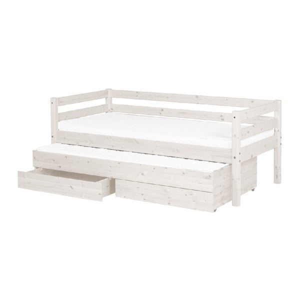 Biela detská posteľ z borovicového dreva s výsuvným lôžkom a 2 zásuvkami Flexa Classic, 90 × 200 cm