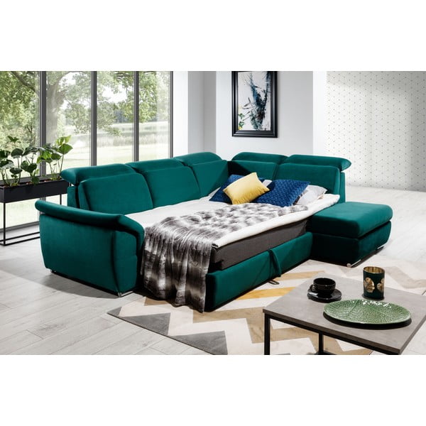 Zelená zamatová rozkladacia/s úložným priestorom rohová pohovka (pravý roh/do L) Loreto – ELTAP-image-3