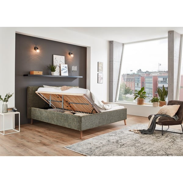 Tmavozelená čalúnená dvojlôžková posteľ s úložným priestorom s roštom 160x200 cm Riva – Meise Möbel-image-3