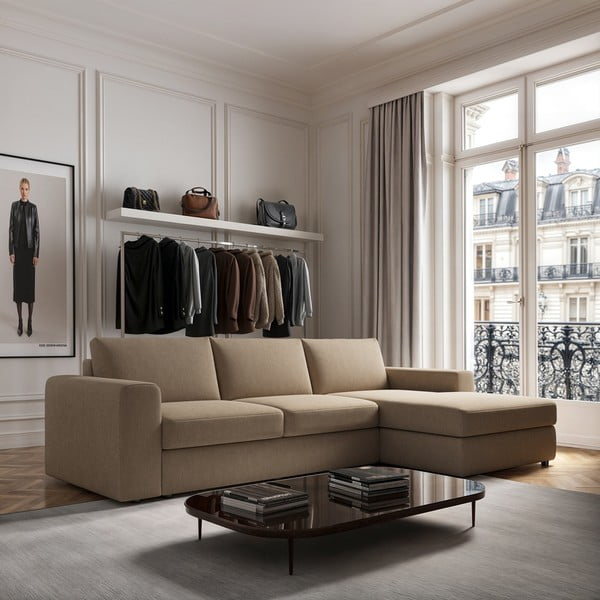 Svetlohnedá zamatová rohová pohovka (pravý roh/s leňoškou) Baga – Rodier-image-1