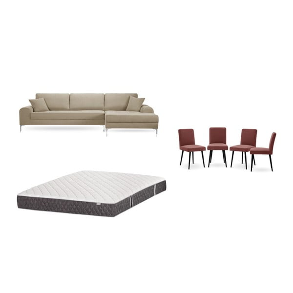 Set sivobéžovej pohovky s leňoškou vpravo, 4 tehlovočervených stoličiek a matraca 160 × 200 cm Home Essentials