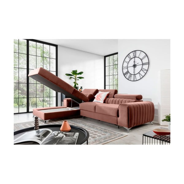 Ružová zamatová rozkladacia/s úložným priestorom rohová pohovka (ľavý roh/s leňoškou) Grayson – ELTAP-image-3