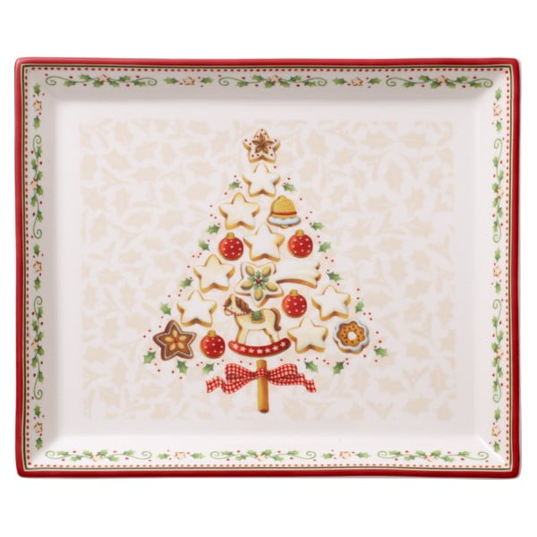 Červený a béžový porcelánový tanier s vianočným motívom Villeroy & Boch, 27,4 x 22,7 cm