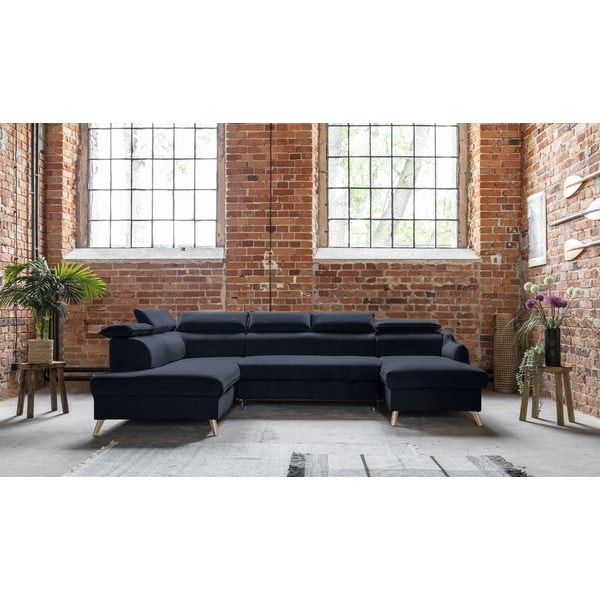 Tmavomodrá zamatová rozkladacia rohová pohovka do "U" (ľavý roh) Sweet Harmony – Miuform-image-1