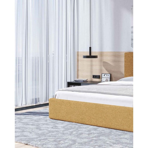 Okrovožltá čalúnená dvojlôžková posteľ s úložným priestorom s roštom 160x200 cm Bufo – MESONICA-image-4
