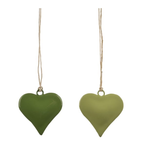 Sada 2 malých zelených závesných dekorácií z posmaltovaného kovu s motívom srdca Ego Dekor, ø 5 cm