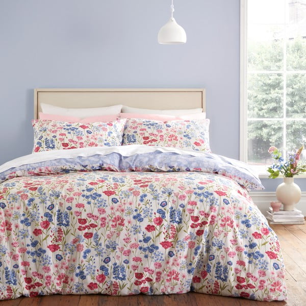 Modré/ružové bavlnené obliečky na dvojlôžko 200x200 cm Olivia Floral – Bianca