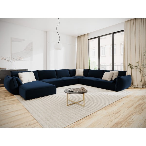 Tmavomodrá zamatová rohová pohovka (pravý roh/do "U") Vanda – Mazzini Sofas-image-1