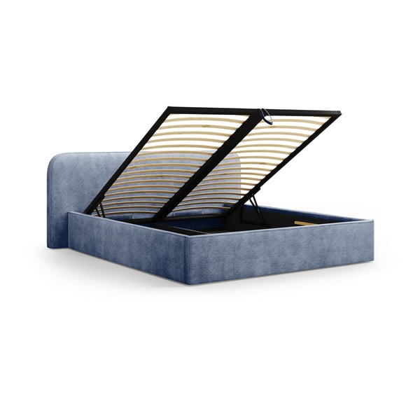 Tmavomodrá čalúnená dvojlôžková posteľ s úložným priestorom s roštom 160x200 cm Elizabeth – Micadoni-image-2