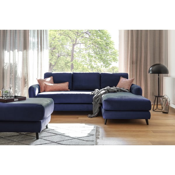 Námornícky modrá zamatová rohová pohovka s podnožkou Miuform Cosy Claire, pravý roh-image-3