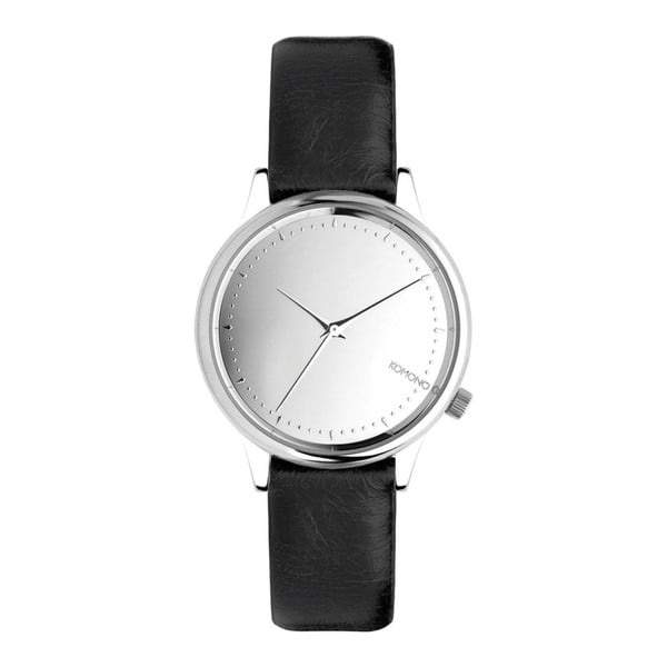 Dámske čierne hodinky s koženým remienkom a ciferníkom v striebornej farbe Komono Mirror