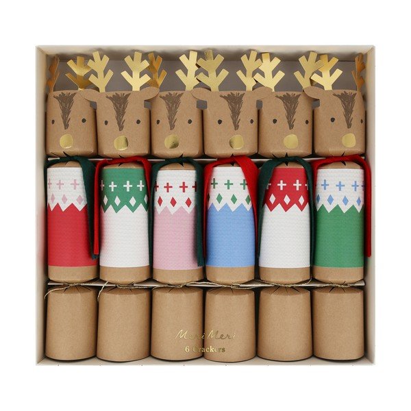 Vianočné crackery v súprave 6 ks Reindeers in Jumpers – Meri Meri
