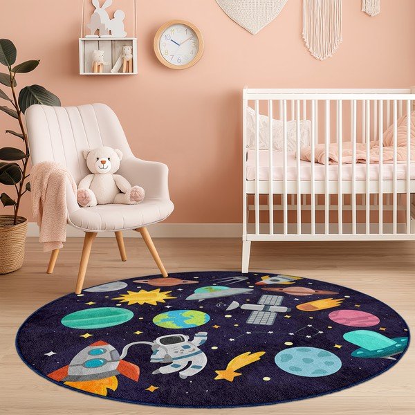 Tmavomodrý prateľný detský hrací koberec ø150 cm Into The Space – Mila Home-image-3
