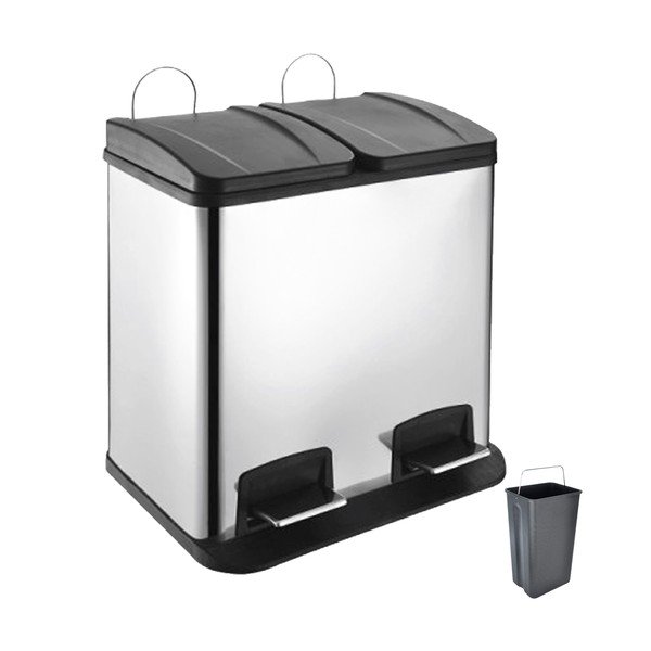 Nášľapný odpadkový kôš na triedený odpad z nehrdzavejúcej ocele v lesklo striebornej farbe 2x20 l Duo – Orion