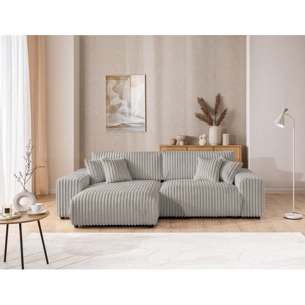 Svetlosivá menčestrová rozkladacia/s úložným priestorom rohová pohovka (ľavý roh) Sarina – Ropez-image-1