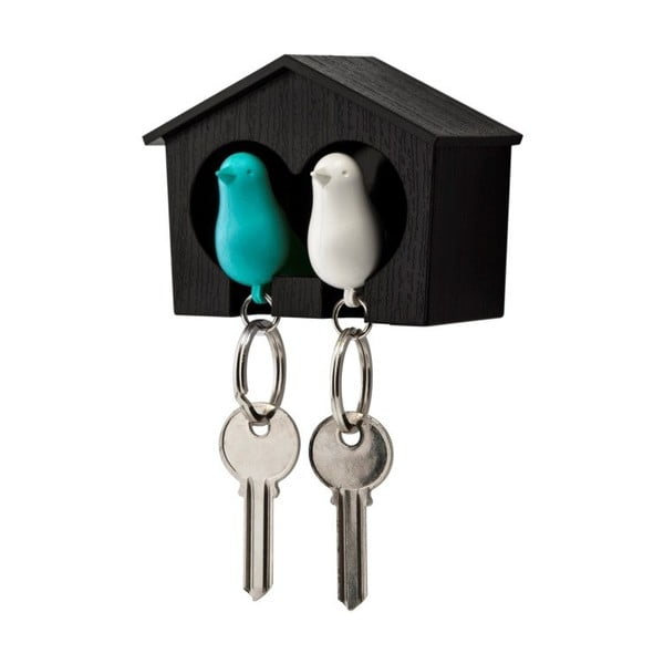 Hnedý vešiačik na kľúče s bielou a modrou kľúčenkou Qualy Duo Sparrow