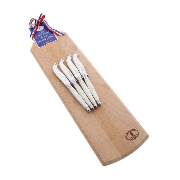 Set 4 bielych nožov na servírovanie syrov s drevenou doskou Jean Dubost