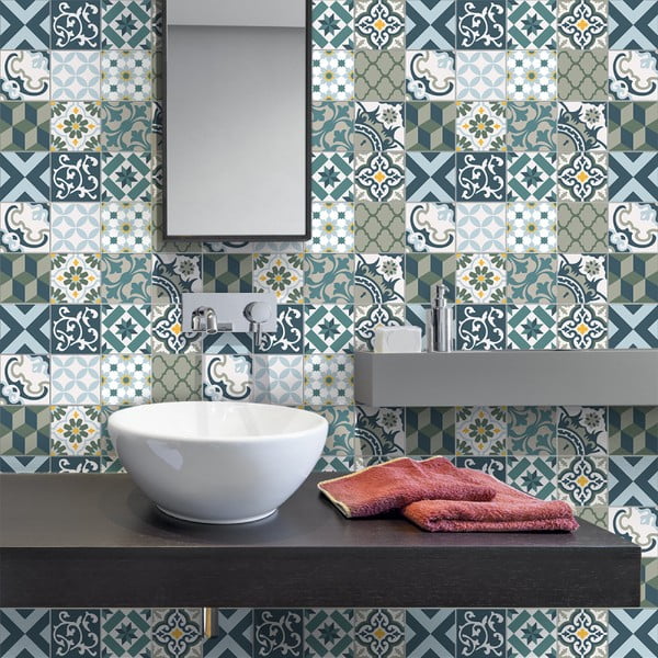 Sada 30 nástenných samolepiek Ambiance Wall Stickers Cement Tiles Azulejos Vicenzo, 15 × 15 cm