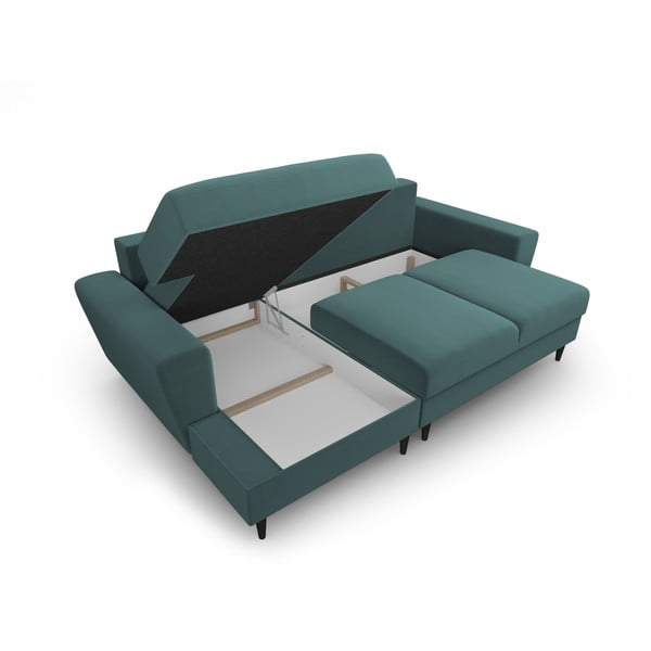 Zamatová rozkladacia/s úložným priestorom rohová pohovka v petrolejovej farbe (ľavý roh/s leňoškou) Kyoto – Cosmopolitan Design-image-3