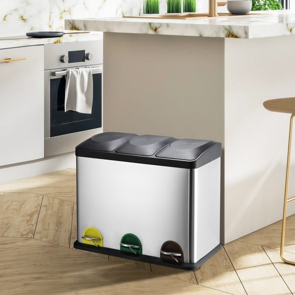 Oceľový odpadkový kôš 3x20 l na triedený odpad/nášľapný v matne striebornej farbe Tri Selectif – MSV-image-1