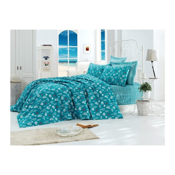 Tyrkysový bavlnený pléd cez posteľ na dvojlôžko Single Pique Rasso, 200 × 235 cm
