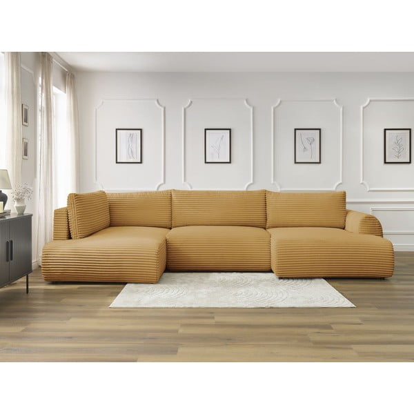 Menčestrová rozkladacia/s úložným priestorom rohová pohovka v horčicovej farbe (ľavý roh/do tvaru "U") Lucien – Bobochic Paris-image-1