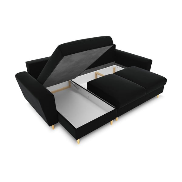Čierna zamatová rozkladacia/s úložným priestorom rohová pohovka Kyoto – Cosmopolitan Design-image-2