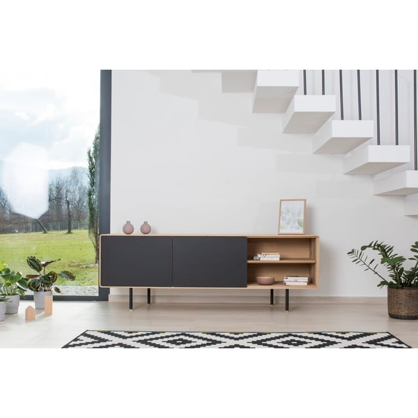 TV stolík z dubového dreva v čierno-prírodnej farbe 180x64 cm Fina – Gazzda-image-1