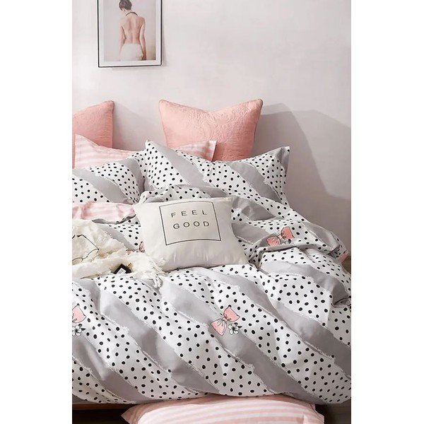Bielo-ružové predĺžené štvordielne bavlnené obliečky na dvojlôžko s plachtou 200x220 cm Bow and Polka-Dot – Mila Home-image-2