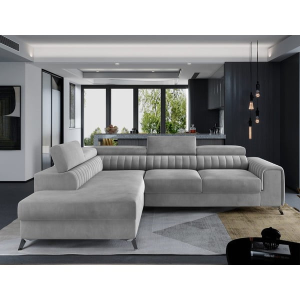 Sivá zamatová rozkladacia/s úložným priestorom rohová pohovka (ľavý roh/do L) Laurence – ELTAP-image-1