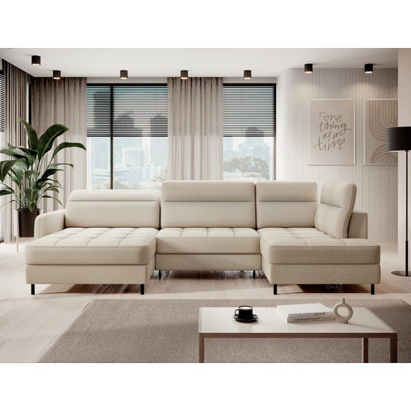 Béžová zamatová rozkladacia/s úložným priestorom rohová pohovka (pravý roh/do tvaru "U") Berrto – ELTAP-image-1